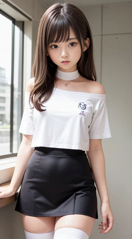 masutepiece, Best quality, One girl, (a beauty girl, kawaii:1.3), (:1.3), Very fine eye clarity, (Symmetrical eyes:1.3), (White off-the-shoulder ultra-thin cropped T-shirt, High socks, White skinny hip skirt,zettai ryouiki:1.2), cropped shoulders, exposing your navel,Medium breasts, Brown eyes, Parted bangs, Brown hair, Petite girl, at class room,Pout your ass