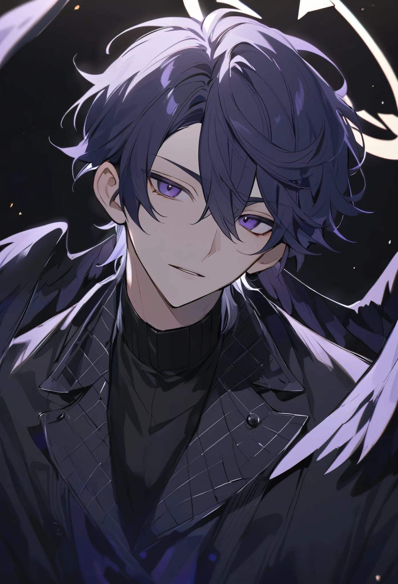 solo, handsome, 1 male, short hair, dark blue hair, dark purple eyes, black shirt, black coat, halo, dark small wings behind ears
