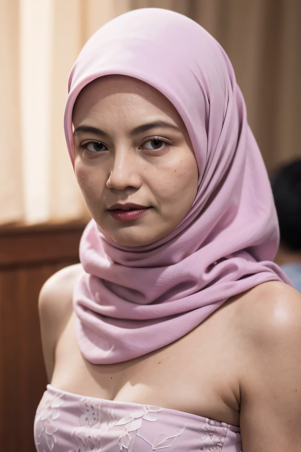 ((Hijab Stylish)), HALIMAH'S MOTHER IS 6 HER BODY IS VERY FAT & AT A BUILDING PLACE, Ultra High Res. realistic: 1.4, UHD, lace , very flat , half body portrait , ((wearing Strapless))