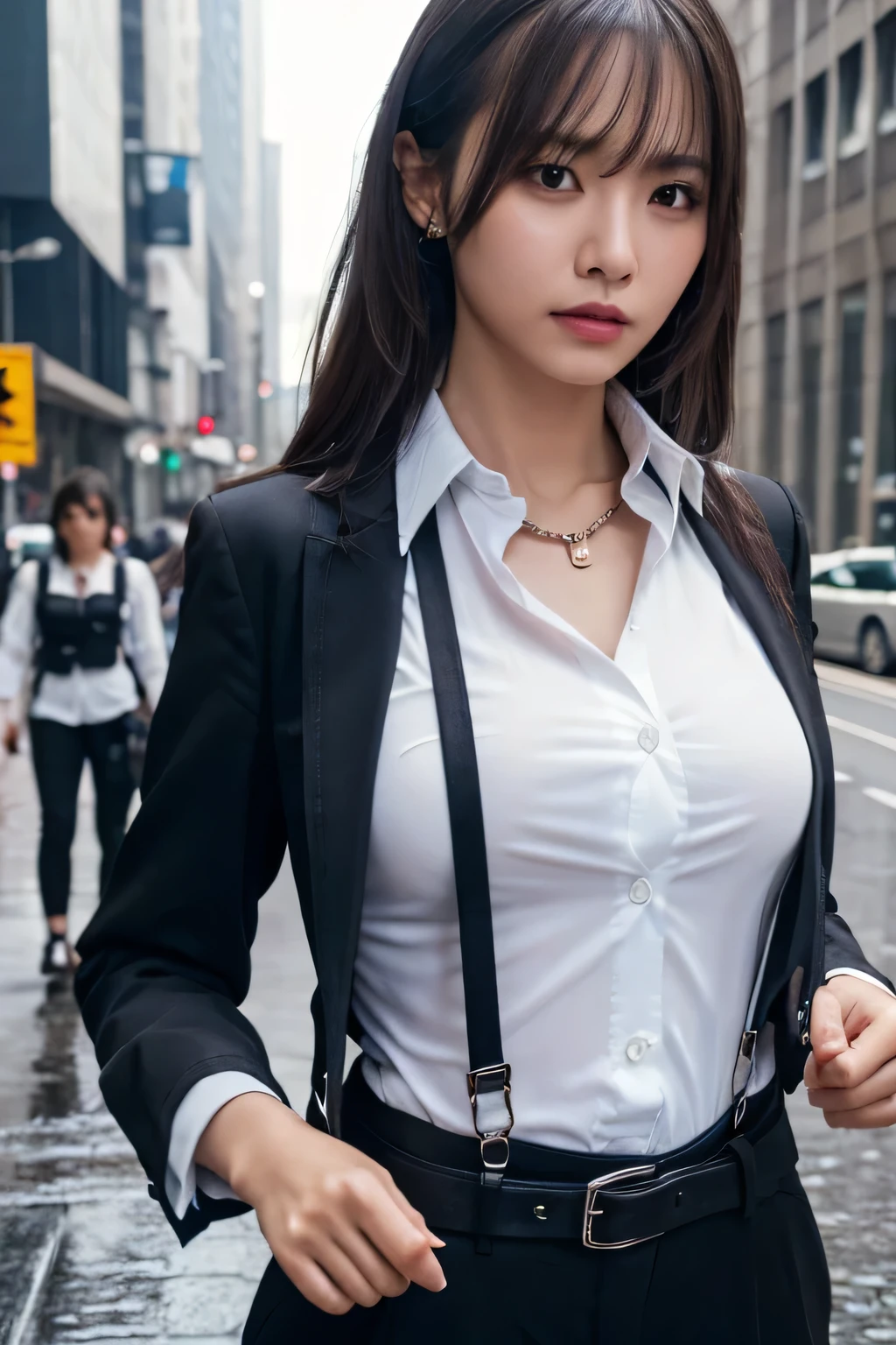 a woman in a suit, belt, hands behind back, sweating, suspenders, black pants, sexly, large breasts, see-through clothing, rain, detective, office worker, white button-up shirt, (best quality,4K,8k,highres,masterpiece:1.2),ultra-detailed,(realistic,photorealistic,photo-realistic:1.37),hyper-detailed,highly detailed face and body, Slender　thin　suspenders　Moderate breasts　See-through shirt　Nipples　holster　chain　Pistol　Armament　criminal　Female criminal　knife 　 Hands Behind Back　Constraints
