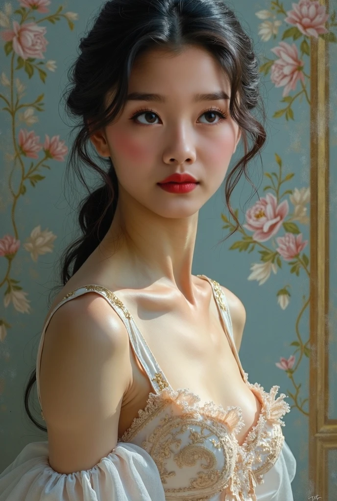 (highres,masterpiece:1.2),(realistic:1.37)"(best quality, highres, ultra-detailed, realistic),beautiful 19th-century portrait of a 16-year-old French ballet dancer, (She is half French and half Japanese, and is a stunning beauty with detailed eyes and a high nose:1.1), thick eyebrows, (elaborate ballet costume:1.4), detailed facial features, long graceful neck, flowing locks of hair, poised and elegant posture, soft and delicate lighting, classic oil painting medium, vibrant colors, subtle background with floral motifs", dreamy atmosphere, Surrealism,mystical aura, Charlie Bowater, 19th-century France, seductive, (best quality,4k,8k,highres,masterpiece:1.2), ultra-detailed, (realistic,photorealistic,photo-realistic:1.37),(Numerous award-winning masterpieces, incredibly detailed and textured, maximal resolution and clarity), (Hyper-realistic:1.4), winking