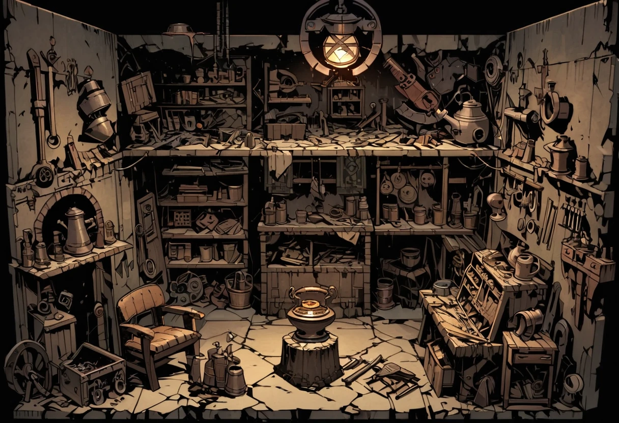 top view, Workshop in bunker, primitive machines, hand tools, old vises, mechanical devices, creating tools, repairs, resources, key location, survival, craftsmanship, WW1 bunker, ((old brass oil lamp)), masterpiece, Darkest Dungeon art, ultra detailed, thick outlines style