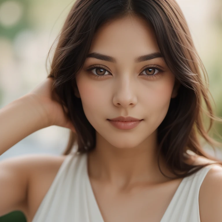 {1girl, [(Latin American Female Model: 1.3), (elegant, thoughtful, serene atmosphere), (s(harp, well-defined eyes), (iris and pupil clearly visible, both eyes focused on the same point))]}, soft focus, 135mm lens, shallow depth of field