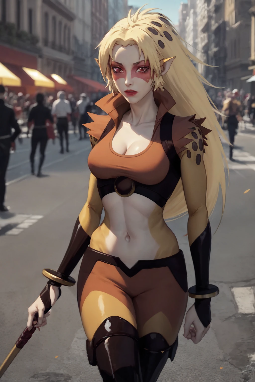 CARTOON_Cheetara_Thundercats2011_ownwaifu,
1girl,  blonde hair, very long hair, colored skin, multicolored skin, two-tone skin,long hair, pointy ears, breasts, cleavage, makeup, red eyes, large breasts, navel, lipstick, brown eyes, blush, bangs, eyeshadow, slit pupils,   facepaint, lips, jewelry, leopard print, 
collared jacket, orange leotard, midriff,  crop top, gloves, bracelet, open clothes, toeless legwear, bodysuit, anklet, thighhighs, fingerless gloves, sleeveless, 
((masterpiece)),((best quality)),(highres, absurdres), original, official_art, chromatic_aberration, light_particles, bokeh, bloom, depth_of_field, outdoors, day, looking at viewer, solo, cowboy shot,