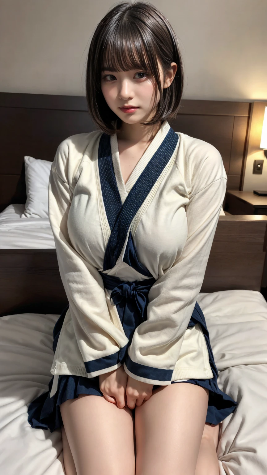 masterpiece, best quality, illustration, Super detailed, fine details, High resolution, 8K,wall paper, perfect dynamic composition,(Details High quality, realistic depiction of eyes:1.3), oversized judo uniform white, sitting, open legs, short bob hair, in a hotel room in the background, large breasts, black hair color, Big Natural Color Lip, (perfect body shape), crying a little、Harajuku style、20 year old girl、cute type、beautiful legs, Gravure Idol