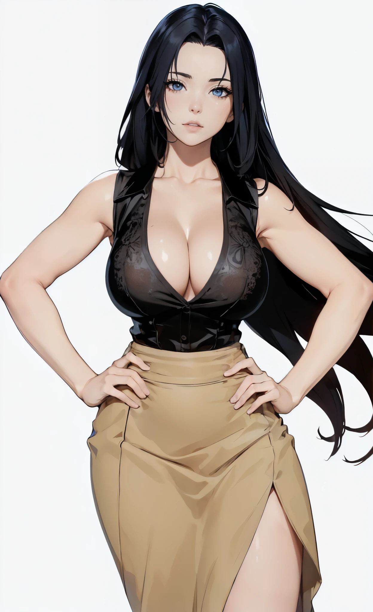 ((1girl, solo)), mikoto uchiha, large breasts, beautiful body, (perfect anatomy, perfect body, perfect hands, perfect legs), nice hands, natural proportions, sexy body, standing, hands on hips BREAK

((extremely detailed face)), (black eyes:1.5), (beautiful detailed eyes:1.6), (realistic pupils, realistic iris:1), expressive eyes, looking at viewer, (clear eyes:1.3), (hyperrealistic:1.2), (detailed skin texture:1.2), smooth skin, (black hair:1.5), parted bangs, sidelocks, long hair, (detailed lips:1.2), (attractive lips:1.1), (glossy lips:1.1),  perfect face, perfect eyes BREAK

black shirt, collared shirt, sleeveless shirt, cleavage, collarbone, bare shoulders, shirt tucked in, brown shirt, side slit, thighs BREAK

(masterpiece:1.5), anime-style, top quality, best quality, (beautiful and aesthetic:1.2), (ultra detail:1.5), Ultra-detailed depiction, Ultra-precise depiction, extremely detailed 8k illustration, high resolution, (highly detailed shading:1.2), (realistic lighting:1.4), perfect lighting, vibrant colors, dynamic tones, striking hues, 8k, absurd resolution, perfect shadows, hdr, UHD, ambient lighting, realistic, ultra-realistic, photo realistic, highly detailed, rich detail, luminous colors, fine texture, intricate design, professional illustration, (soft light:1.2), (illustration:0.7)