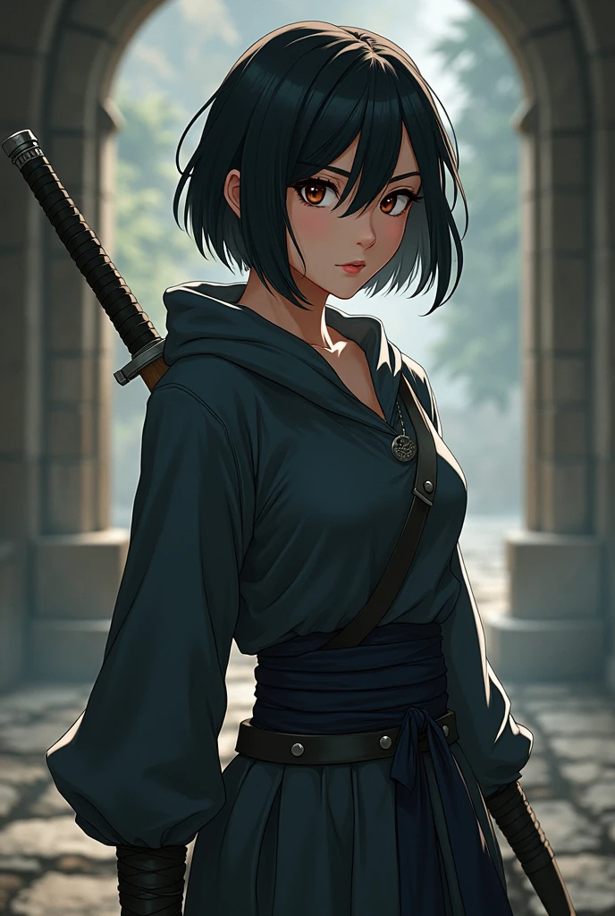 16 years old girl with long black hair from above dark blue from below thick eyelashes with dark blue eyes big size breasts lipstick and red cheeks wearing black Kimono with blue belt and blue outlines with brown sandals and long white socks one katana set on the belt long sleeves walking in a Japanese village looking so shy (Sfw) 