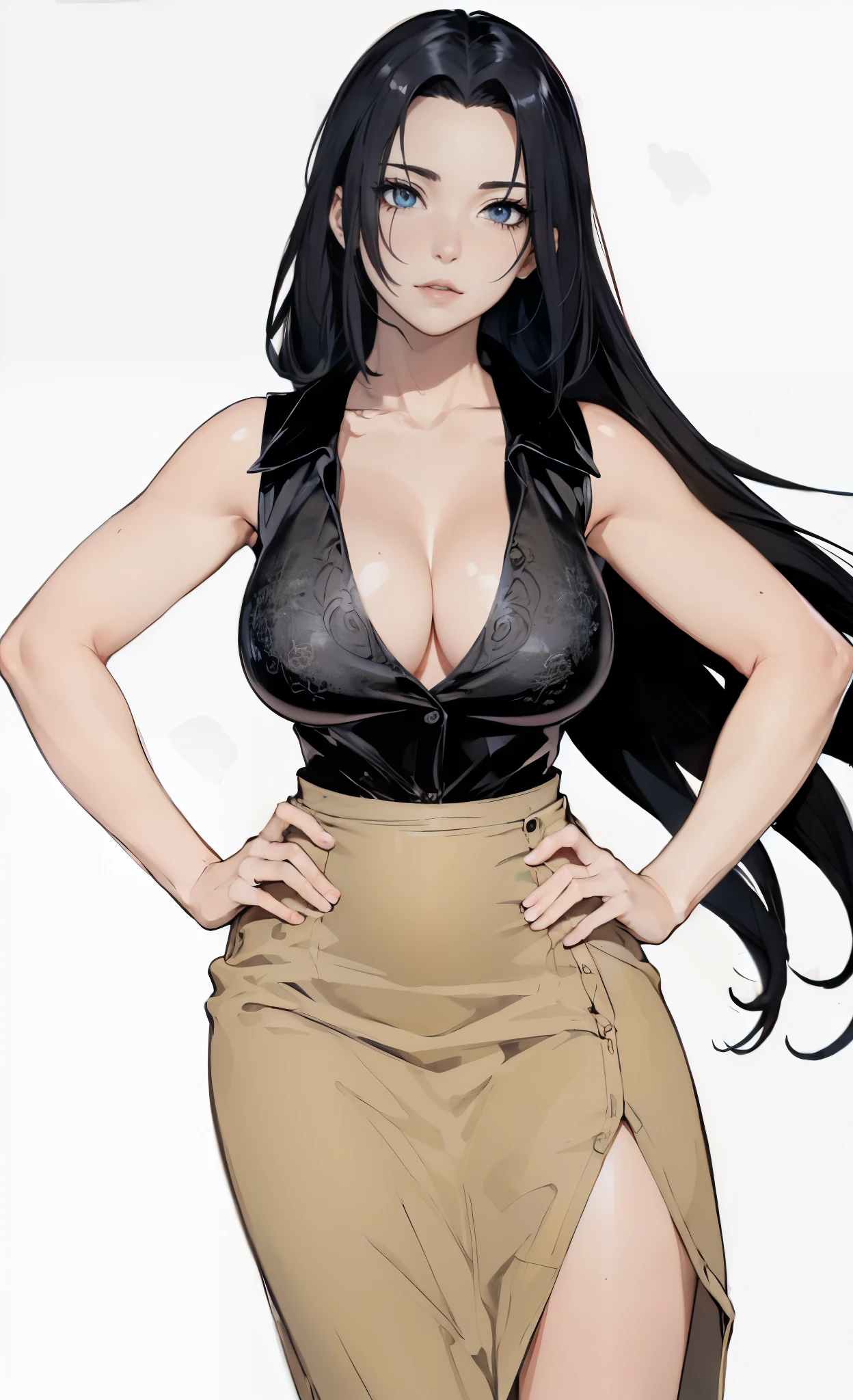 ((1girl, solo)), mikoto uchiha, large breasts, beautiful body, (perfect anatomy, perfect body, perfect hands, perfect legs), nice hands, natural proportions, sexy body, standing, hands on hips BREAK

((extremely detailed face)), (black eyes:1.5), (beautiful detailed eyes:1.6), (realistic pupils, realistic iris:1), expressive eyes, looking at viewer, (clear eyes:1.3), (hyperrealistic:1.2), (detailed skin texture:1.2), smooth skin, (black hair:1.5), parted bangs, sidelocks, long hair, (detailed lips:1.2), (attractive lips:1.1), (glossy lips:1.1),  perfect face, perfect eyes BREAK

((black shirt)), (collared shirt:1.3), sleeveless shirt, cleavage, collarbone, bare shoulders, shirt tucked in, brown shirt, side slit, thighs BREAK

(masterpiece:1.5), anime-style, top quality, best quality, (beautiful and aesthetic:1.2), (ultra detail:1.5), Ultra-detailed depiction, Ultra-precise depiction, extremely detailed 8k illustration, high resolution, (highly detailed shading:1.2), (realistic lighting:1.4), perfect lighting, vibrant colors, dynamic tones, striking hues, 8k, absurd resolution, perfect shadows, hdr, UHD, ambient lighting, realistic, ultra-realistic, photo realistic, highly detailed, rich detail, luminous colors, fine texture, intricate design, professional illustration, (soft light:1.2), (illustration:0.7)