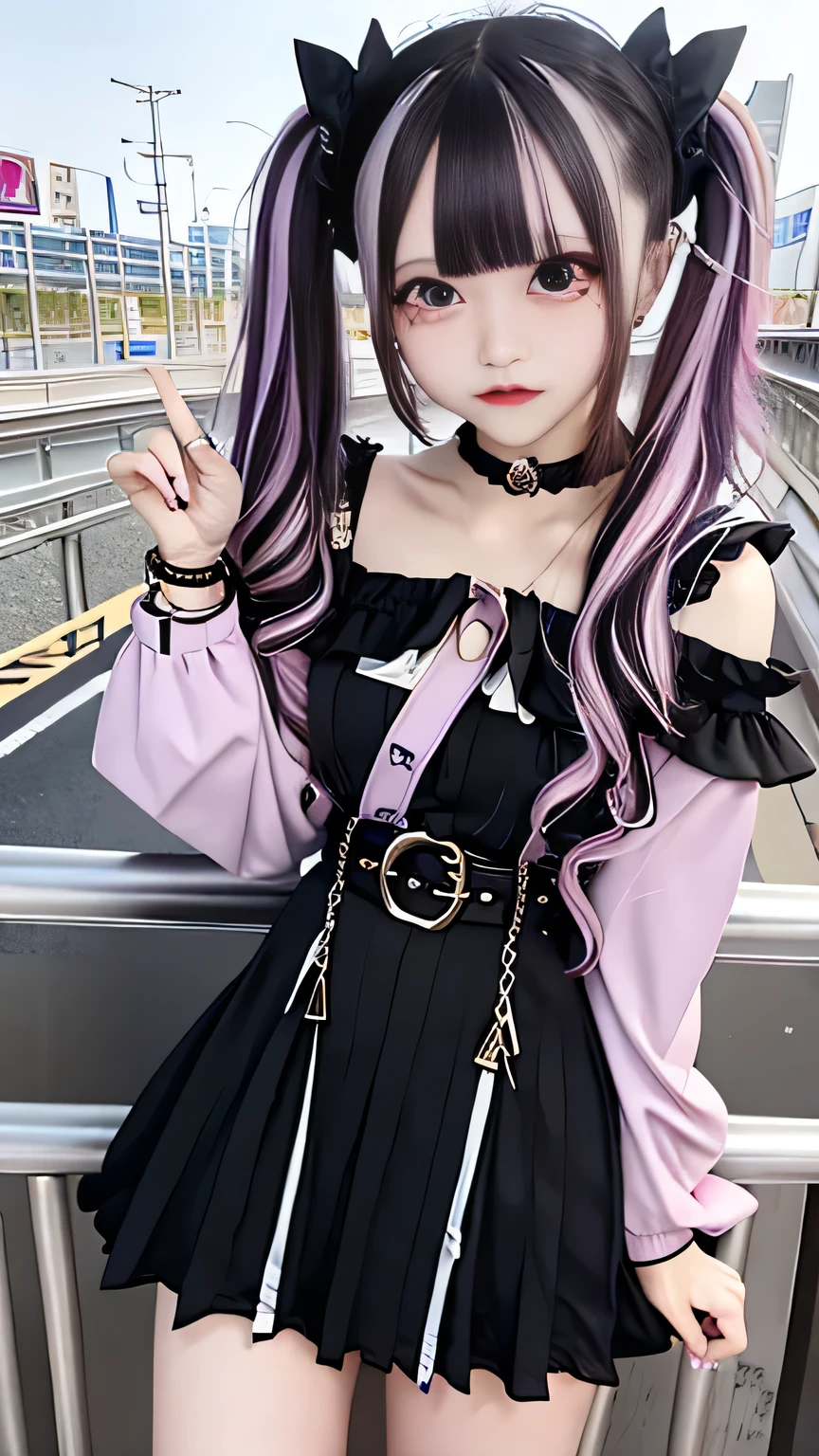 4K - ultra-vivid、highest quality, masterpiece, Ultra-high resolution, (reality: 1.4), 1 girl, Purple eyes, Cinema Lighting、purple and black hair、(Earrings、lots of earrings)、Small breasts, choker, Show her legs,Cross black top, belt, idol, kawaii,At night, on the overpass , train platform ,bow hair accessories,Quiet posture,highlight bunches