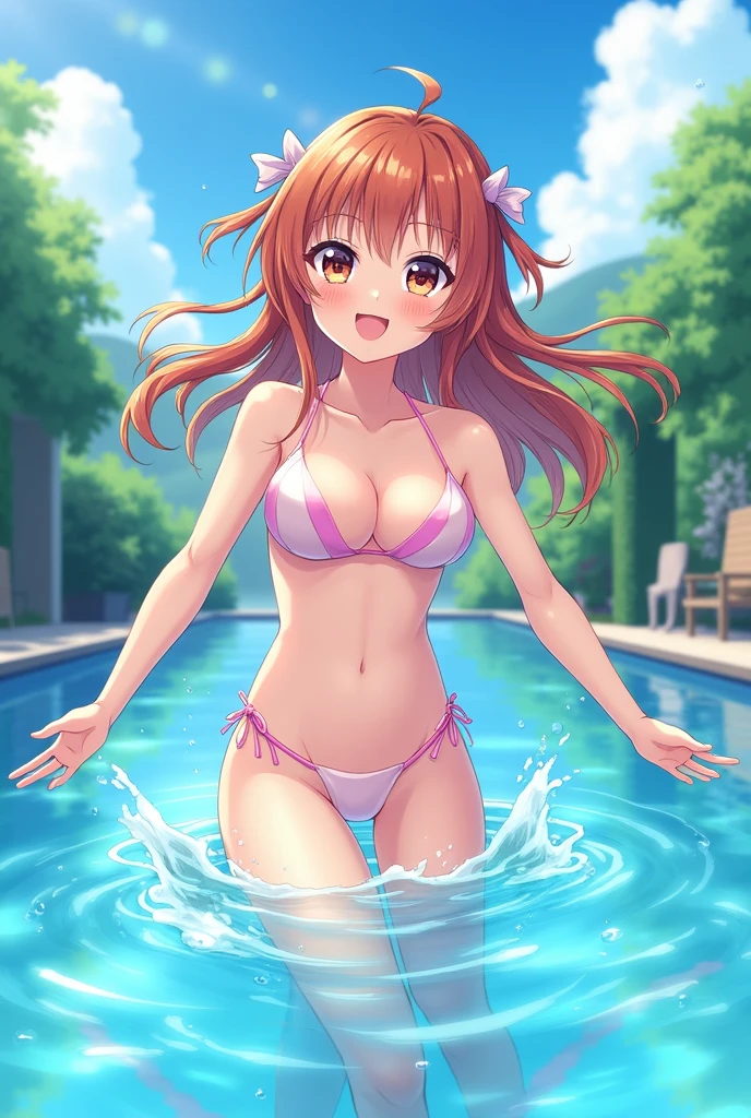 Hoshizora,rin yellow eyes,orange hair, sitting on pool and her legs in the water, pink bikini, pink bikini shorts,wet, messy hair, (short hair:0.8), hair flower, night,paw pose,magic,cat ears