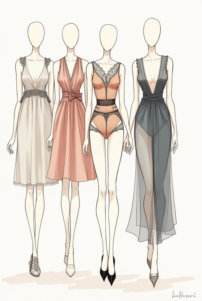 15 Sketches of female lingerie figures inspired by the Rococo movement