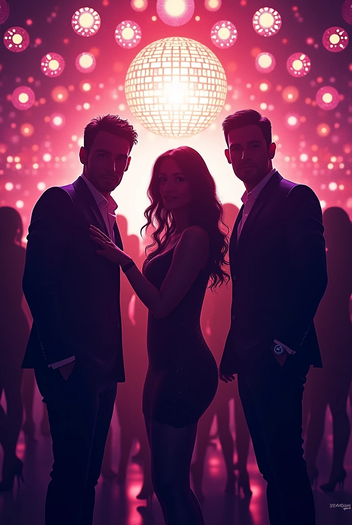 Black shadow of two men and a stylish woman with cartoon glasses, Vice City GTA, yellow background