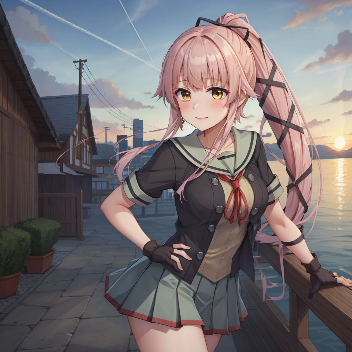 Portrait, official art, best masterpiece, best quality, best resolution, 8K, best detailed, perfect anatomy
BREAK
yurakainikc, long hair, pink hair, hair ribbon, ponytail, yellow eyes, jacket, serafuku, neck ribbon, short sleeves, pleated skirt, partially fingerless gloves,green sailor collar, (medium breasts), 1girl, solo
BREAK
(sfw), tilted head, puff out your ches, put hand on breast, cowboy shot
BREAK
(blush), (smile)
BREAK
clear sky, contrail, (at dusk:1.3), very fine and detailed 16KCG wallpapers