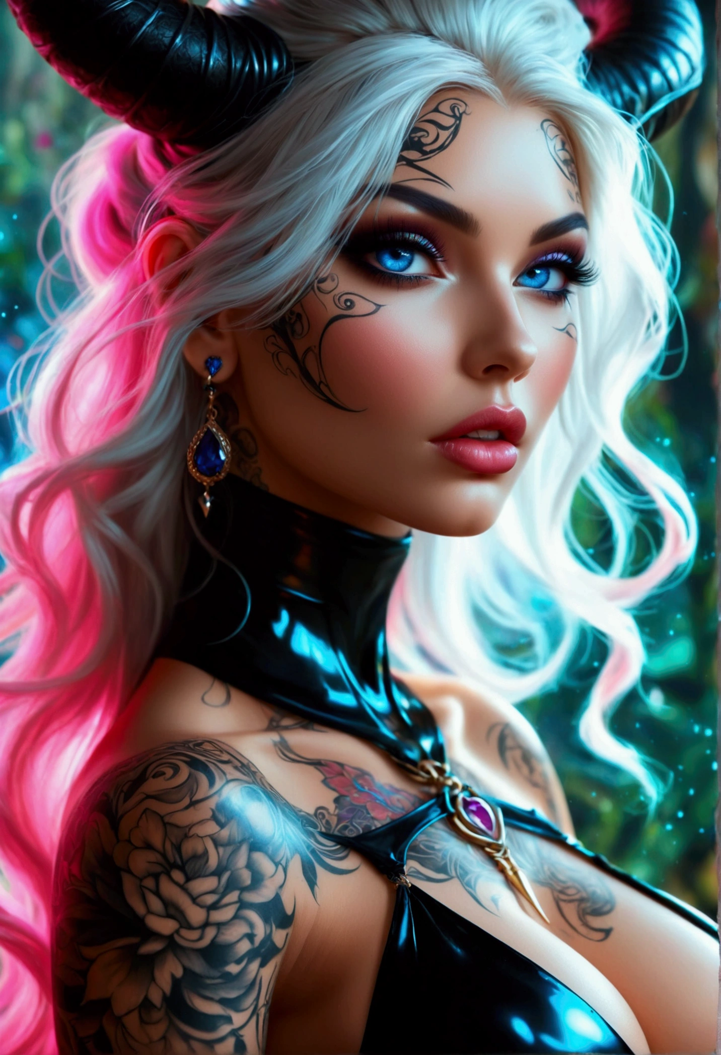 beautiful digital artwork, beautiful digital art, detailed beautiful face, 8k high quality oled detailed art, very beautiful digital art, digital art. highly detailed, beautiful detailed body, Create a hyper detailed photograph of a perfectly simetrical tattooed curved drop dead gorgeous sorceress , Stunningly perfect gorgeous feminine face, bold, dramatic eyes, bold Eye Makeup, dramatic eyes, smudging layering and blending to dramatic, detailed vibrant neon sapphire eyes, very long hair, Focus on Skin A smooth even base is essential Makeup primers foundations and concealers Highlighting and Contouring to achieve a flawless canvas natural-looking, radiant glow, Gentle facial curves, Fuller cheek bones, Smaller and wider-set eyes, Less pronounced jawline, Symmetry perfection Proportion facial features, sexual curved heart shaped mouth, long beautiful tattooed legs, beautiful tattooed arms, perfect feminine curved body figure, detailed silky smooth skin, gigantic huge breasts, perfect heart shaped ass, beautiful long tattooed legs, Wearing chain venom black suit lingerie Jewels, fullbody view, showing complete body,