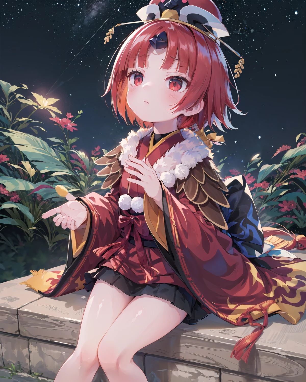 ((masterpiece,best quality:1.2)),(sit:1.2),looking up:1.3(((reaching for the sky:1.2)),starry sky,Sad expression,1girl,be_nienma,wide sleeves, short hair,((red japanese clothes)),red hair, parted sleeves past wrists,Small pom-poms,Black belt,Black mini skirt,ribbon,hat