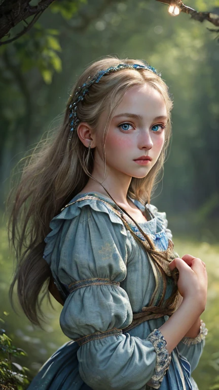 1girl, masterpiece, best quality, 8k, detailed skin texture, detailed cloth texture, beautiful detailed face, intricate details, ultra detailed, Alice in Wonderland, (a bow on her head:1.1), upper body, blonde hair, blue eyes, full body