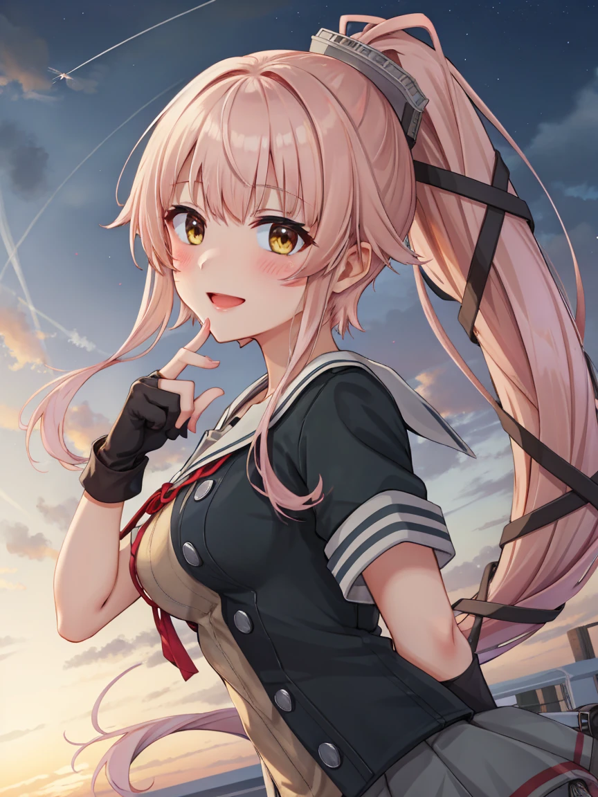 Portrait, official art, best masterpiece, best quality, best resolution, 8K, best detailed, perfect anatomy
BREAK
yurakainikc, long hair, pink hair, hair ribbon, ponytail, yellow eyes, jacket, serafuku, neck ribbon, short sleeves, pleated skirt, partially fingerless gloves,green sailor collar, (medium breasts), 1girl, solo
BREAK
(sfw), tilted head, puff out your ches, put hand on breast, cowboy shot
BREAK
(Happy, blush), (smile), open your mouth
BREAK
clear sky, contrail, (at dusk:1.3), very fine and detailed 16KCG wallpapers