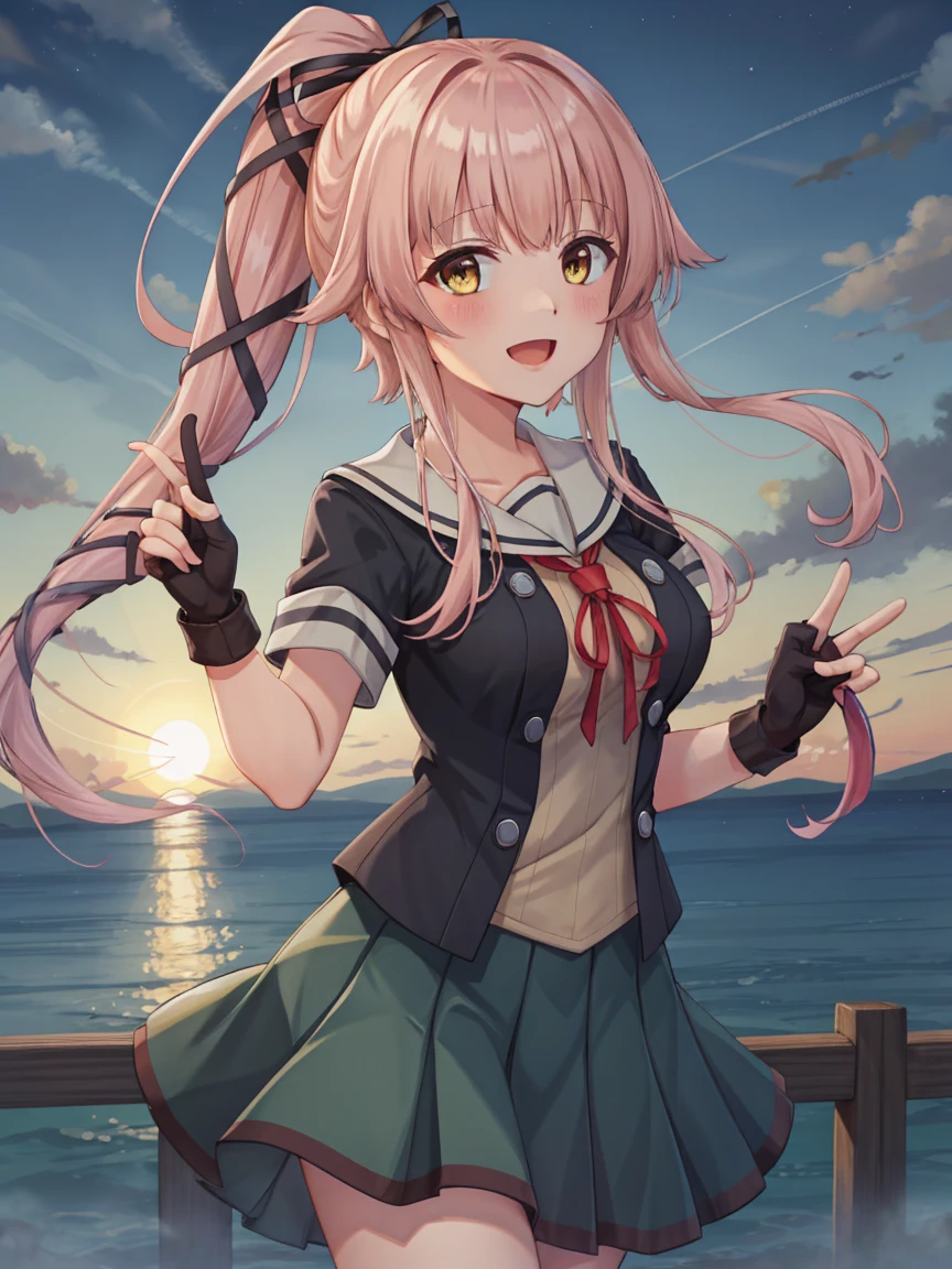 Portrait, official art, best masterpiece, best quality, best resolution, 8K, best detailed, perfect anatomy
BREAK
yurakainikc, long hair, pink hair, hair ribbon, ponytail, yellow eyes, jacket, serafuku, neck ribbon, short sleeves, pleated skirt, partially fingerless gloves,green sailor collar, (medium breasts), 1girl, solo
BREAK
(sfw), tilted head, puff out your ches, put hand on breast, cowboy shot
BREAK
(Happy, blush), (smile), open your mouth
BREAK
clear sky, contrail, (at dusk:1.3), very fine and detailed 16KCG wallpapers