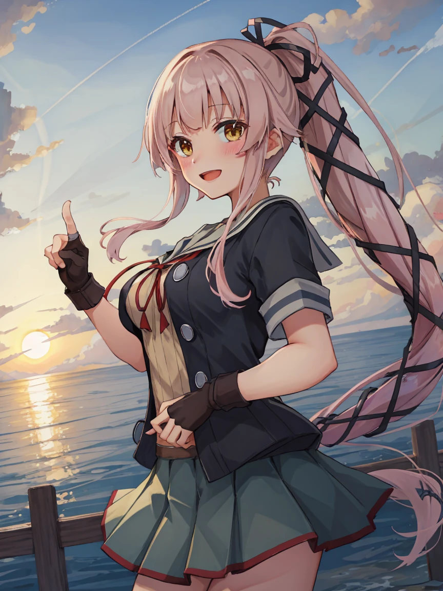 Portrait, official art, best masterpiece, best quality, best resolution, 8K, best detailed, perfect anatomy
BREAK
yurakainikc, long hair, pink hair, hair ribbon, ponytail, yellow eyes, jacket, serafuku, neck ribbon, short sleeves, pleated skirt, partially fingerless gloves,green sailor collar, (medium breasts), 1girl, solo
BREAK
(sfw), tilted head, puff out your ches, put hand on breast, cowboy shot
BREAK
(Happy, blush), (smile), open your mouth
BREAK
clear sky, contrail, (at dusk:1.3), very fine and detailed 16KCG wallpapers