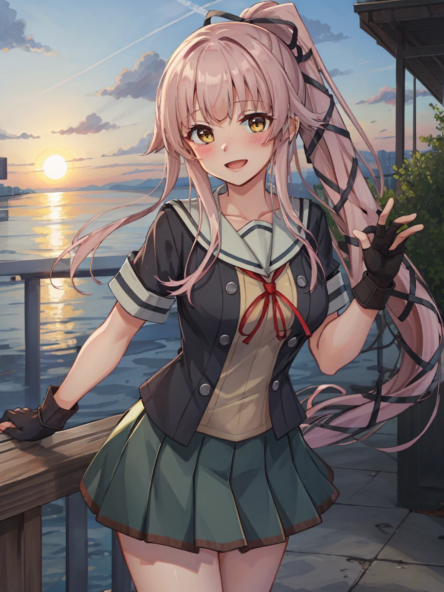 Portrait, official art, best masterpiece, best quality, best resolution, 8K, best detailed, perfect anatomy
BREAK
yurakainikc, long hair, pink hair, hair ribbon, ponytail, yellow eyes, jacket, serafuku, neck ribbon, short sleeves, pleated skirt, partially fingerless gloves,green sailor collar, (medium breasts), 1girl, solo
BREAK
(sfw), tilted head, puff out your ches, put hand on breast, cowboy shot
BREAK
(Happy, blush), (smile), open your mouth
BREAK
clear sky, contrail, (at dusk:1.3), very fine and detailed 16KCG wallpapers