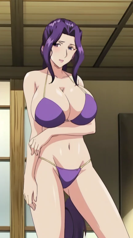 EFT_Shinobu, 1girl, kochou shinobu, butterfly hair ornament, solo, hair ornament, purple hair, multicolored hair, purple eyes, black hair, medium breast, (bikini), seductive smile, looking at viewer, blurry background, indoors, japanese house, full body, slim, ((masterpiece)), best quality, high detailed illustration, high detailed background, hi-res, bare legs, bare feet