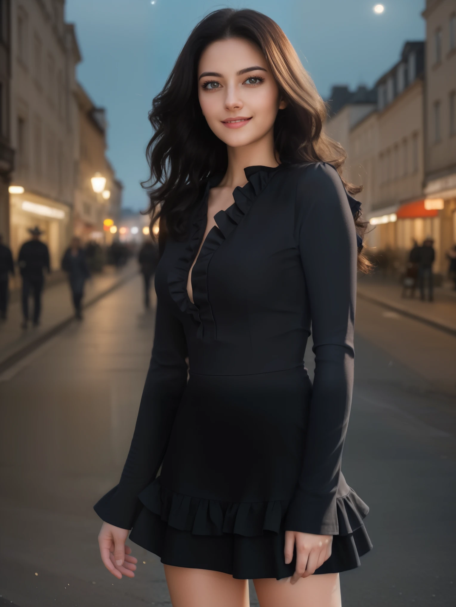 masterpiece, highest quality, 8k high quality photo, cinematic lighting, deep shadow, 1girl, gorgeous face, fearless smile, smooth soft parl skin, light-blown medium wavy hair, looking into camera, (standing on european street), model posing, front view,((cowboy shot)), (long sleeves frilled dress:1.2), at late night, ((night:1.5))
