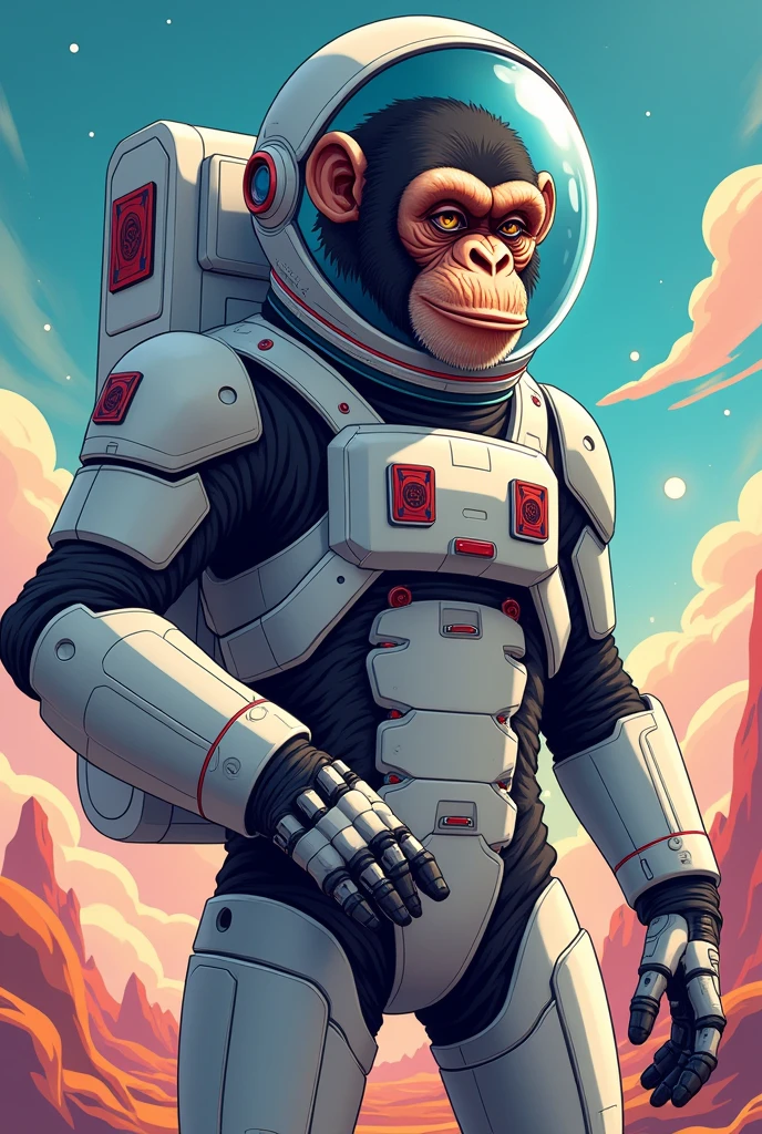 "T-shirt design with vector art of an astronaut monkey on an epic space journey, Photographic quality, estilo hidro74."