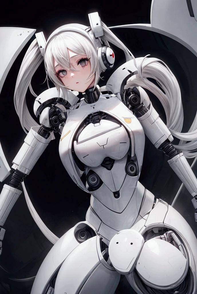 1girl, cyborg, short white hair, furry ears, mechanical tail, all white, red eyes, red lips, visible mechanisms, flower field, playing with white cat, best quality, 4k, 8k, highres, masterpiece:1.2, ultra-detailed, HDR, UHD, studio lighting, ultra-fine painting, sharp focus, physically-based rendering, extreme detail description, professional, vivid colors, bokeh, science fiction, futuristic