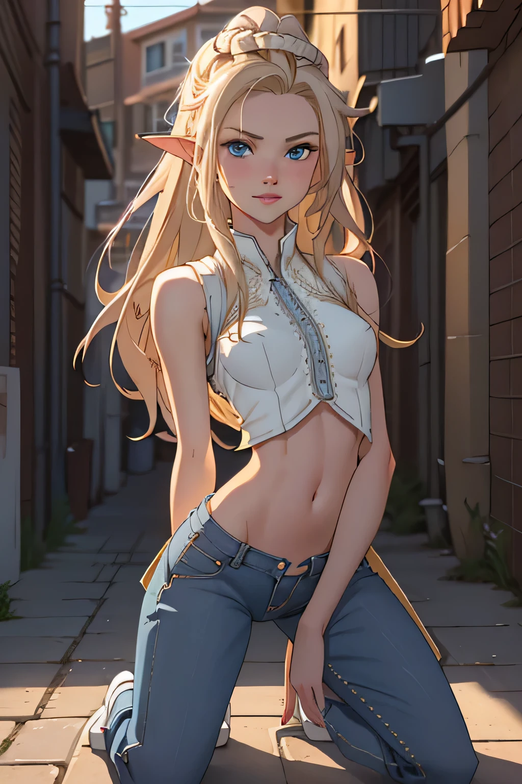 (masterpiece, best quality) detailed, dmarci, 1girl, solo, black shorts, silver accessories, denim jacket, blonde, elegant, pointed ears, casual posture, smiling, large breasts, looking at viewer,