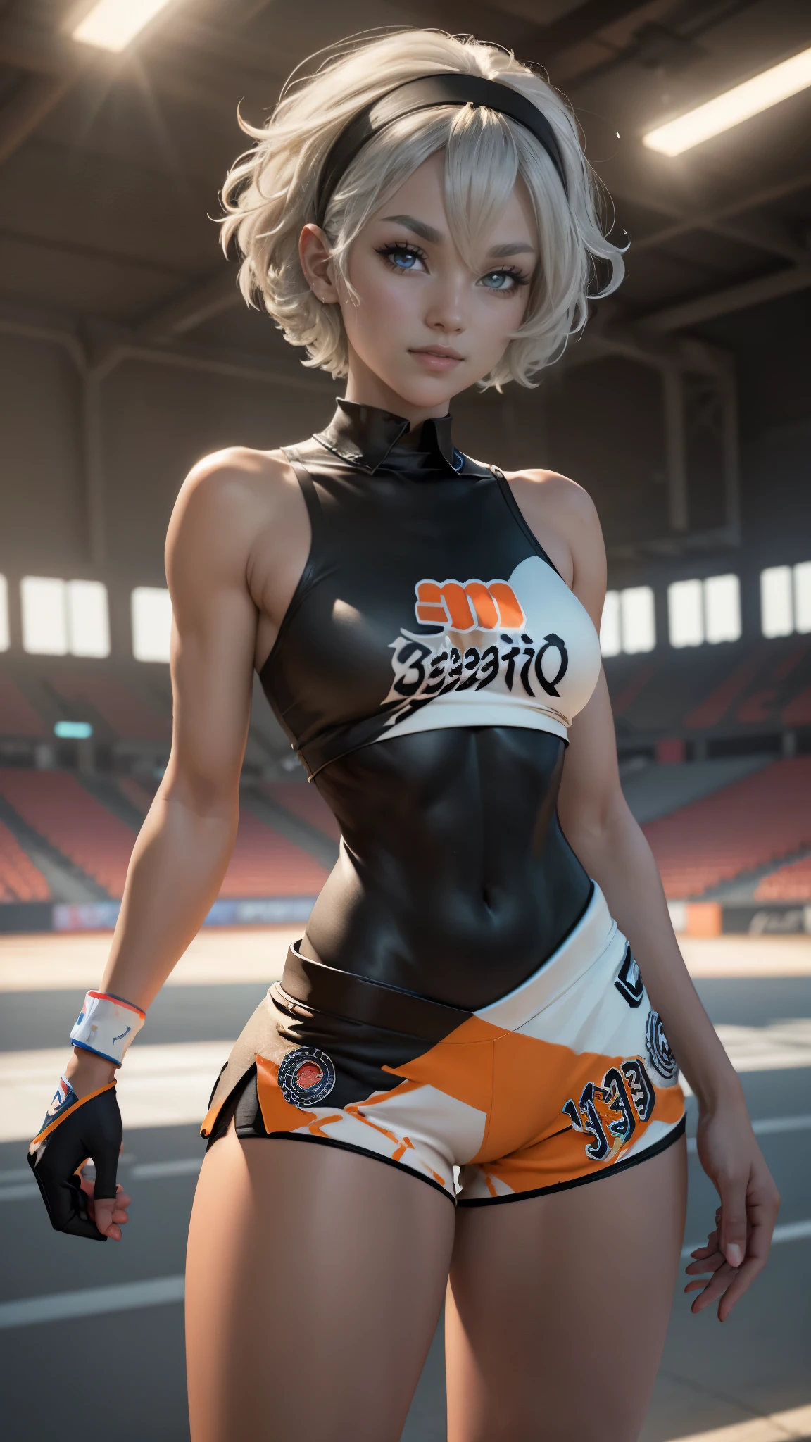 Bea da pokemon,(best qualityer,4K,8k,high resolution,work of art:1.2)(weather: windy), 1girl, solo girl, sport stadium background, short curly hair, gray hair, cropped shirt, micro shorts, thigh high stockings, headband, gloves, leotard, ultra detailed,realistic,beautiful detailed gray eyes, beautiful detailed lips,extremely detailed eye and face, long eyelashes,average,medium breasts,beaming smile, sexy smile,powerful girl, bright coloured, dramatic lighting,