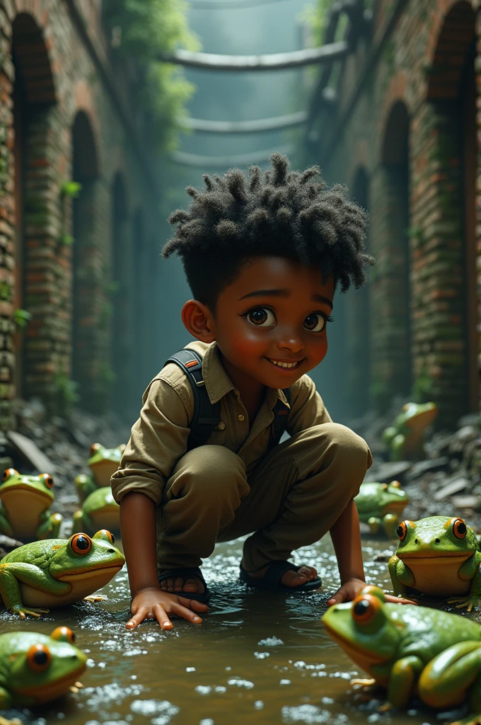 A young David, a dark-skinned black boy, is kneeling on the bank of a quiet stream, carefully choosing five smooth stones from the bottom of the water. He is dressed in a simple shepherd's robe, in earthy tones, and a small leather bag is slung over his shoulder. The creek is crystal clear, with small waves reflecting the soft sunlight that filters through the surrounding trees. The vegetation is lush, with colorful wildflowers and green leaves highlighted. The background shows his sheep grazing peacefully. Davi has an expression of concentration and determination, with details that capture his youth and courage. The scene is designed in a style inspired by Pixar, with vibrant colors and a magical touch in lighting and ambience.
