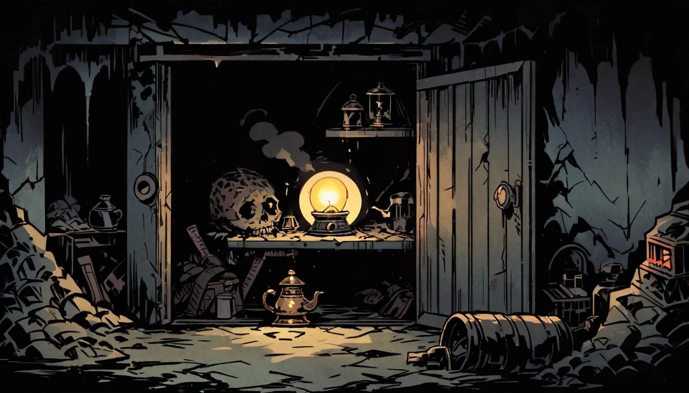 Cell, hidden room in shelter, false wall, darkness, cold, feeling of fear, mystery, secrecy, post-apocalypse, poor lightning, WW1 bunker, (( light from old oil lamp)), masterpiece, Darkest Dungeon art, thick outlines style
