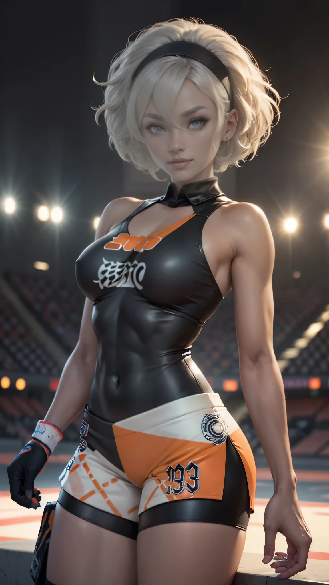 Bea da pokemon,(best qualityer,4K,8k,high resolution,work of art:1.2)(weather: windy), 1girl, solo girl, sport stadium background, short curly hair, gray hair, cropped shirt, micro shorts, thigh high stockings, headband, gloves, leotard, ultra detailed,realistic,beautiful detailed gray eyes, beautiful detailed lips,extremely detailed eye and face, long eyelashes,average,medium breasts,beaming smile, sexy smile,powerful girl, bright coloured, dramatic lighting,