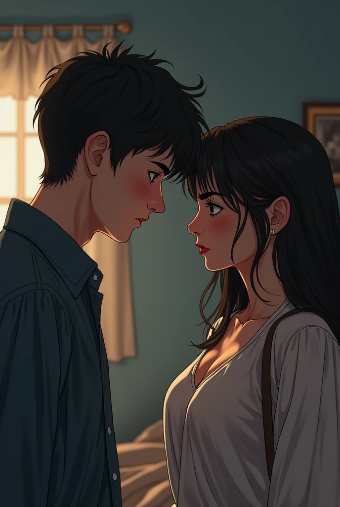 Young 17 year old demon boy with short hair talks to his 45 year old human mother