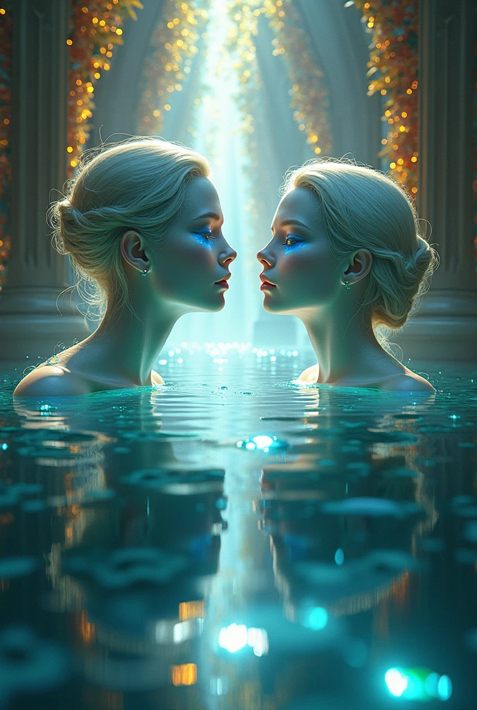 Several Athenas bathing naked in a pool