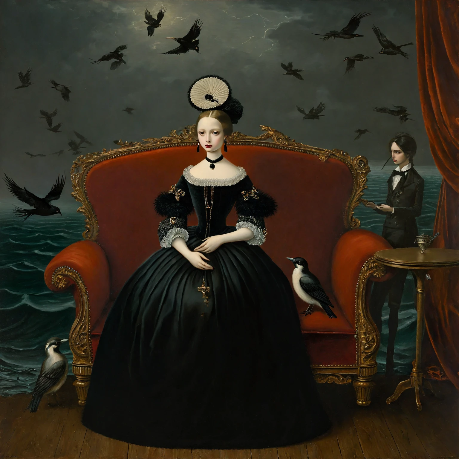 Seated elegantly on a richly decorated red sofa, she wears a long, intricate Victorian-style dress in cream with black accents. Her long hair is styled neatly under a black hat adorned with feathers. The scene is meticulously detailed with dark, ornate decor, and a dramatic painting of a stormy sea with ships and birds hanging on the wall behind her. The room is dimly lit, casting a subdued and somber atmosphere, enhanced by the presence of dark ravens perched around her. Her posture is relaxed, with one hand gently resting on the sofa and the other on a small ornate table, creating a captivating and mysterious vibe. Lighting: soft, golden, with ethereal highlights. romanticism, whimsical detail, High detail, in a surreal paiting by Max Ernst, Paul Delvaux and Leonor Fini