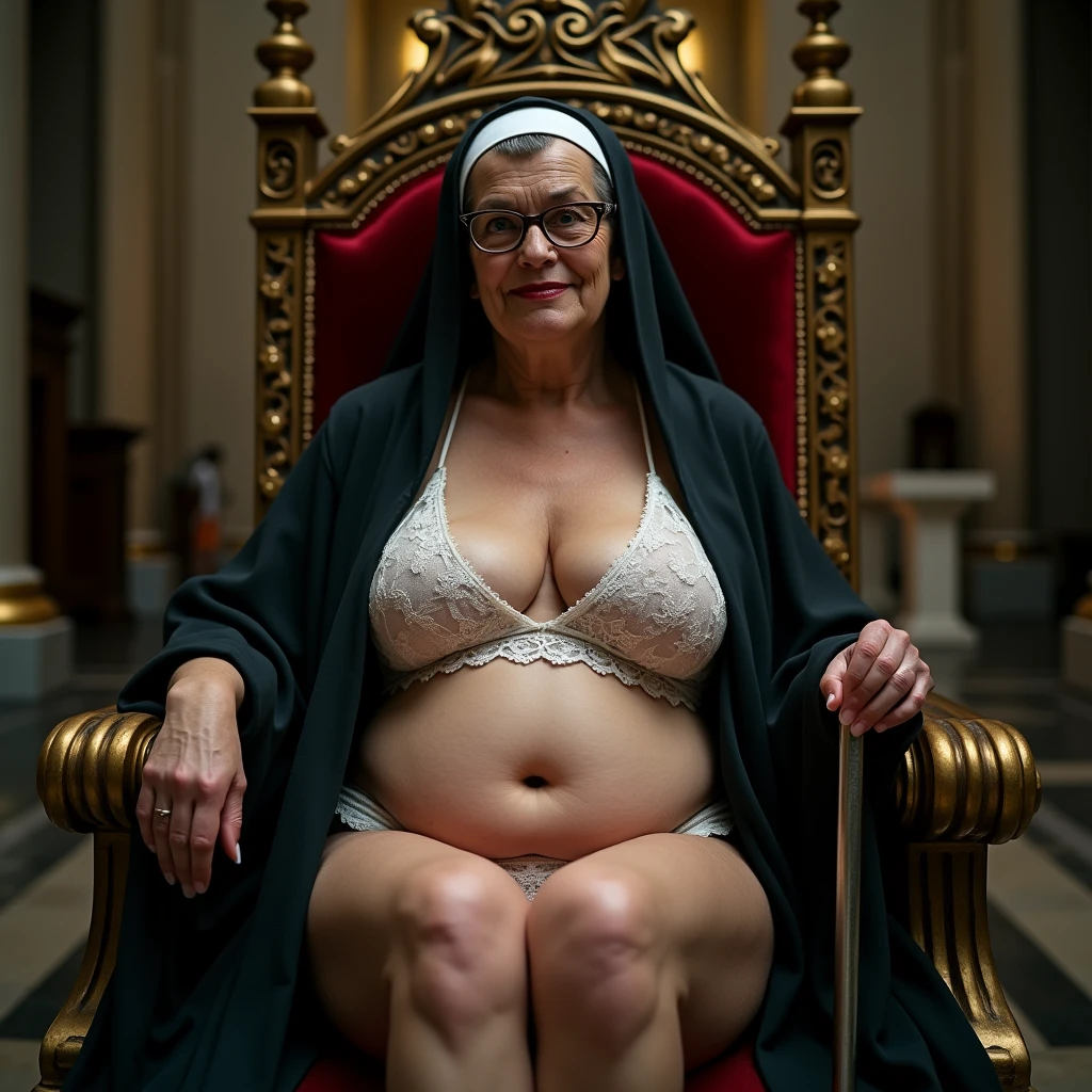 ((Portrait of a 60 years old)) round ((busty)) Scandinavian ((prioress nun)), sit in a cathedral's pew with slightly spread knees, exposing fat solid thighs to the crotch, ((black tunic with small boob holes)), veil. ((huge Saggy naked boobs)), big blue eyes, eyeglasses, ultra dark red lipstick, ((inviting explicit smile)), candid expression, ((candid pose)), (((looking at camera))), messy hair, ((masterpiece)), ((nighttime, no lights except few candles, dark calm atmosphere)), ((low lights and shadows Caravaggio's style)), columns and statues barely visible in the background, best quality, photorealistic, raw photo, ((bird's eye view)), ((bokeh)). High resolution, cinematic, epic detailed, Hasselblad photo, high budget, cinemascope, film grain, emphasizing shape and form, ((magical atmosphere, enchanting composition, establishing shot)), intricate detail, artistic interpretation, expert styling, professional lighting