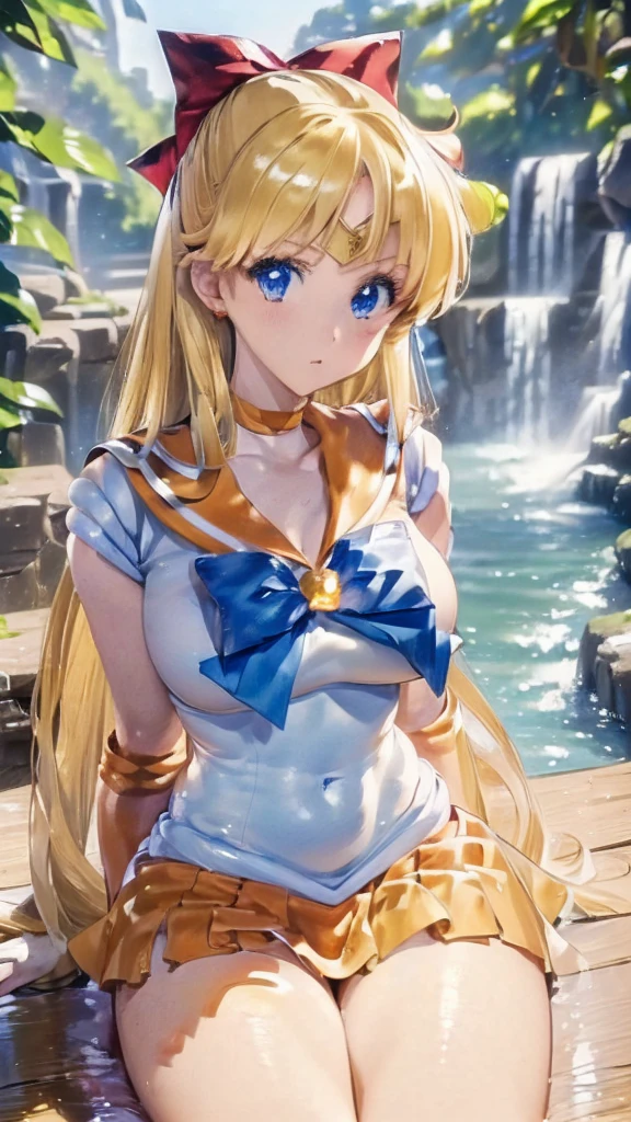 (((masterpiece))), (((High resolution)))、(((8K quality)))、(((Perfect Face)))、 , Looking into the camera, ((Highest qualityの目)), (Detailed face), (Detailed Texture),(((Depict the whole body))), Complete your Sailor Venus cosplay、One Girl, alone, High resolution, Anatomically correct, Highest quality, (((At the waterfall、Sitting down)))