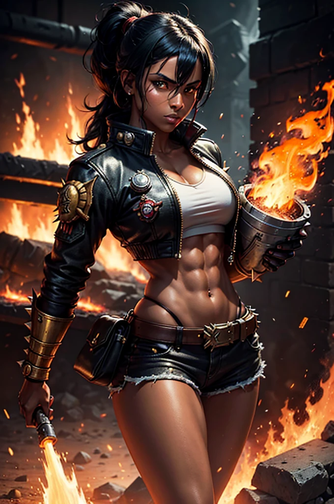 warhammer 40k, fire, female,fire, jacket, black hair, fit, dark skin, serious, spiky hair, pony tail, abs, grim dark
