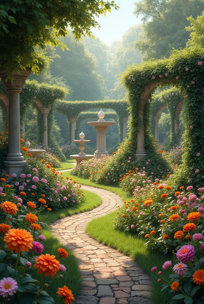 (medium full shot) of (fragrant flower) with cream petals, spiky shaped flower, solid color, musky scent, accompanied by butterflies, located in an ancient garden, with weathered statues, overgrown flora, serene atmosphere, wise old trees, during twilight, ,Masterpiece,best quality, photo, realistic, very aesthetic