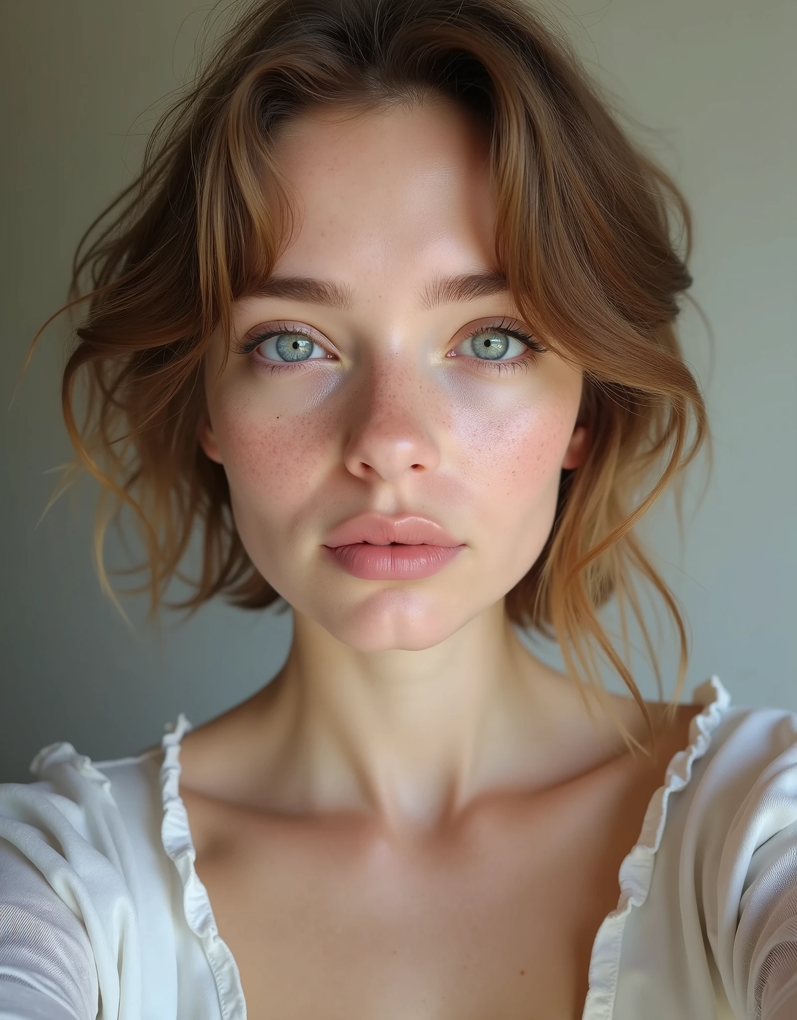 a woman with red hair and a white shirt looking at the camera, soft portrait shot 8 k, highly detailed vfx portrait, cinematic realistic portrait, cinematic beautiful natural skin, soft lighting and focus, cinematic portrait, 8k portrait render, high quality portrait, beautiful soft lighting, beautiful portrait lighting, portrait soft light, soft light from the side, photorealism 8k, androgynous face, nose piercing, small nose with freckles, freckles on the nose, pointy nose, small freckles, small lips pointy nose, perfect detailed face, facial piercings, cute freckles, piercing stare, thin button nose, buetifull, red hair, hair parted to the side, full-body view, full-body view, full-body view, snow white colored skin, pale skin, cute face, cute face, young,