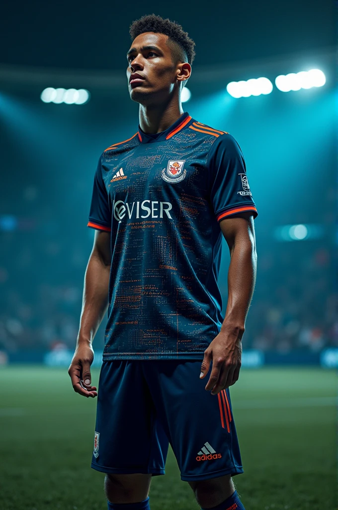 Create a football shirt with symbol "nice view" with orange primary color, secondary color black and dark blue shorts
