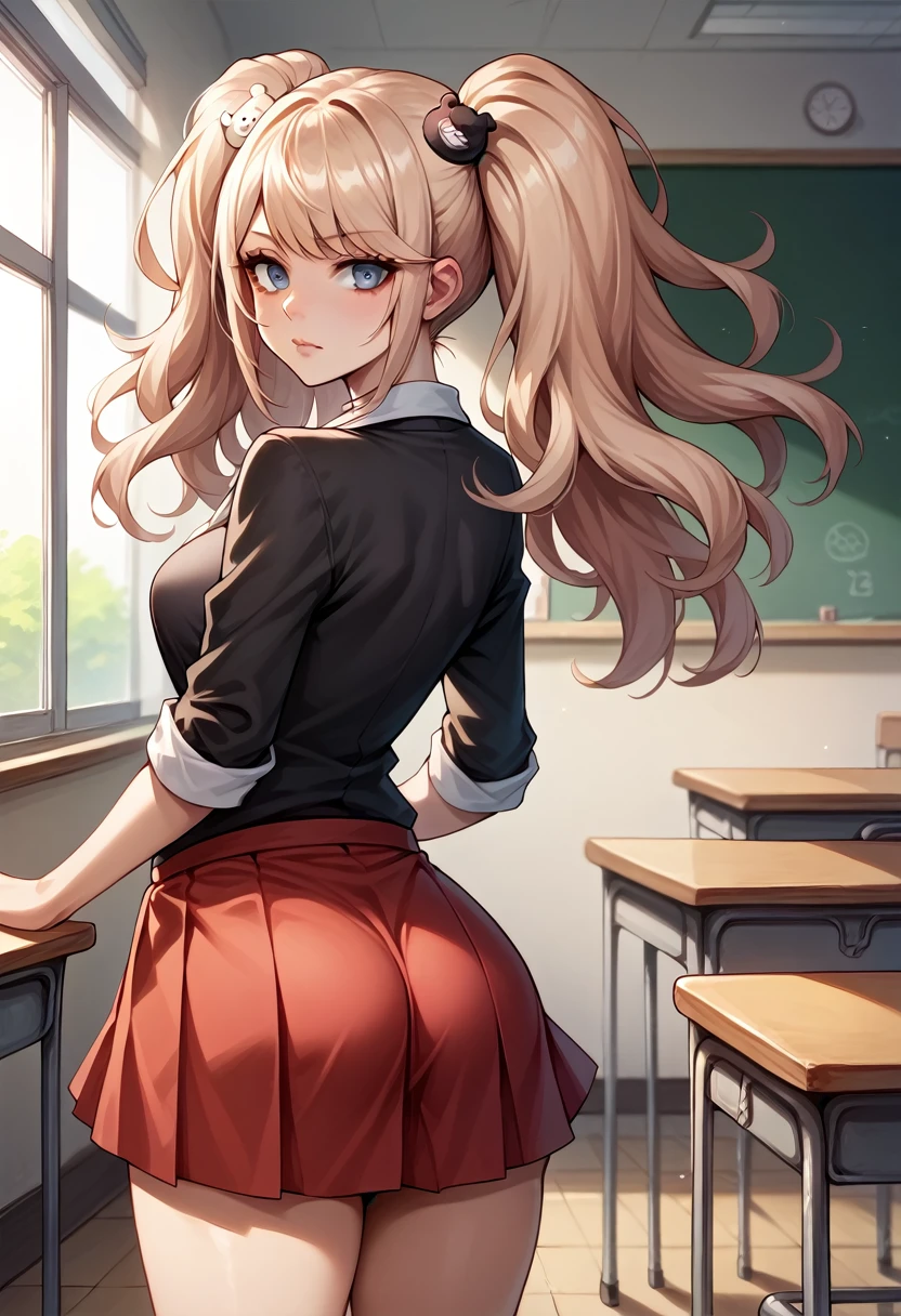 score_9, score_8_up, score_7_up, BREAK, score_9, enoshima junko, breasts, shirt outside, twintails, bear hair ornament, school uniform, black shirt, white necktie, red bow, sleeves rolled up, red skirt, choker, looking at viewer, thighs, cowboy shot, looking back, ass, from behind, classroom