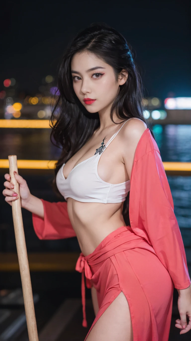 In a dark night bathed in neon hues, a stunning Asian teenage delinquent strikes a pose, her long hair flowing like a fiery halo. Her eyes gleam with mischief, framed by heavy make-up and vibrant red lipstick. A kendo stick rests casually against her hip, as she wears a pink yukata and extensive red and black tattoos that seem to pulse in rhythm with the neon lights. Silver jewelry glints in the dim light, highlighting her perfect female form and fiery locks. The focus falls on her expressive eyes, set amidst a sea of bokeh, with the bloody red lipstick creating a pop of color against her porcelain skin.