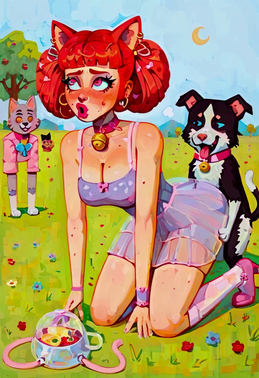 (High quality，detail-rich，Ultra-realistic 1.2)cyber punk style，Cat-eared lady，Dress normally，Delicate to the point of incredible face，devils，Crawl on the grass，sHe wears a bell around his neck，and is getting fuked doggy style, super hard buttcheek clapping together, raped in the park (1cat girl) 3 male dogs, forced sexual 👏 and pointing to her right eye. Dogs fucking a cat