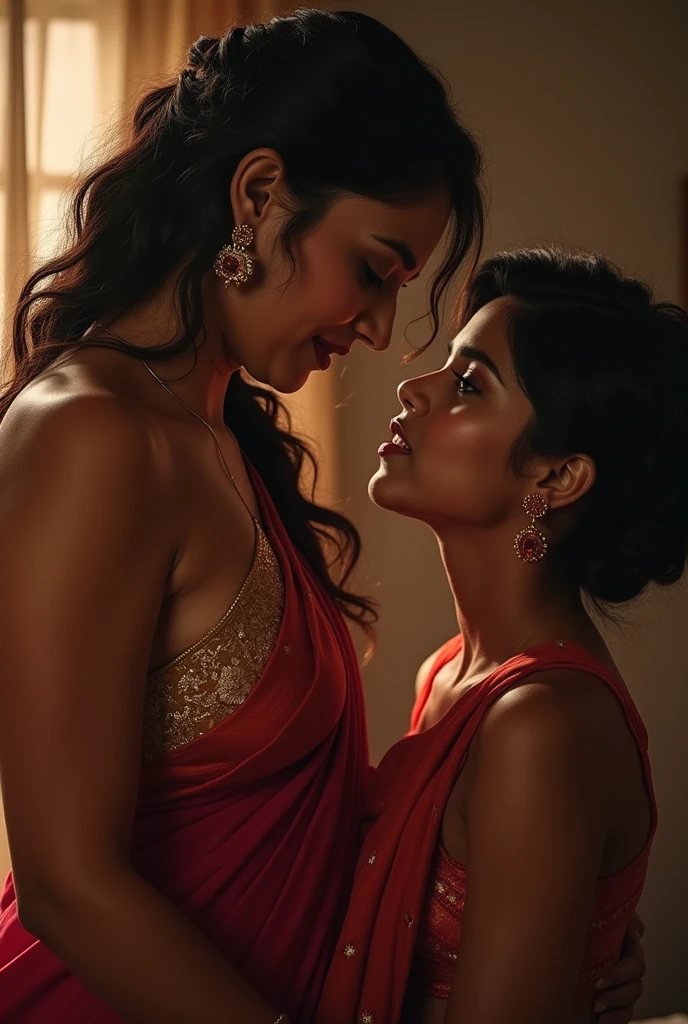 ((best quality)), ((masterpiece)), (detailed), 2 indian beautiful lesbians desperately and passionately kissing each other on lips, facing each other, wearing party saree, holding each other close, standing in disco club, ultra smooth image, realistic photo, red lips, ((smooth skin texture)), hyper realistic, 8k photo, Cinematic film still, shot on v-raptor XL, film grain, vignette, color graded, post-processed, cinematic lighting, 35mm film, live-action, best quality, atmospheric, a masterpiece