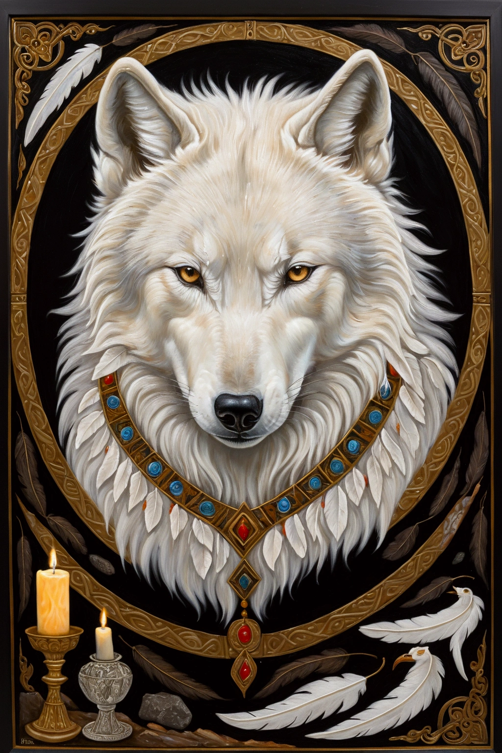 Delicate, reverential portrait in oil of The Ancestral Vessel: A white wolf, its fur marked with intricate, ancient symbols, serving as a conduit for the collective wisdom and memories of its kind, passing down knowledge across generations. The Realist-style painting presents the wolf in a central, dignified composition, with warm, candlelit lighting illuminating the solemn, symbolic essence of the subject, rendered in rich, earthy colors.