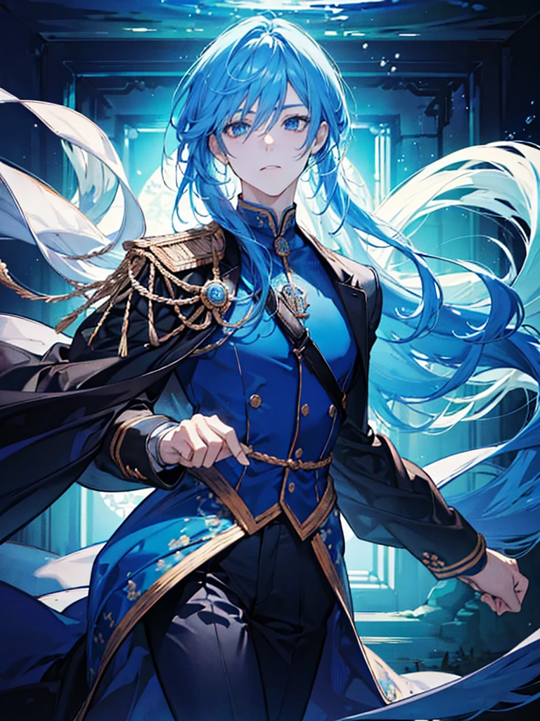 Man, prince of the ocean kingdom, trident, godlike, blue hair, blue eyes, elegant, cool, cool, high image quality