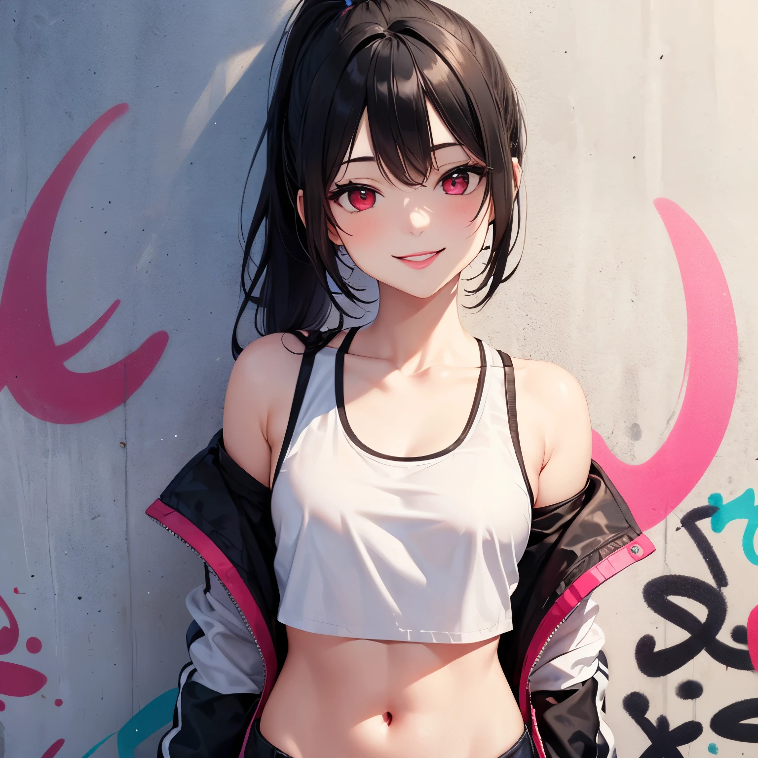 Highest quality、Realistic、woman、zoom、Orange eyes、Black hair ponytail、Ninja、A well-trained body、White Shinobi Affiliation、No sleeve、thin、Dark Skin、Flat Chest、Inappropriate smile、Busy Street、Bust Shot、