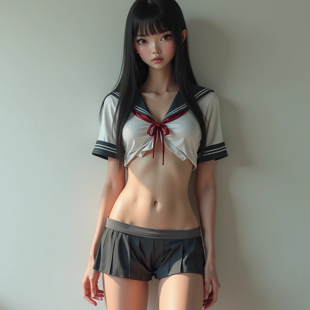 Best quality, super detail, masterpiece, fine detail, high resolution, portrait, 8k wallpaper, realistic details, clothing details, skin details, detailed eyes, photoshop \ (medium), slim body, 1 girl, 20 years old, beautiful eyes, bare skin, well-formed face, bangs, black hair long hair, dull bangs, huge, wearing a white bikini, (pleasant look), lying on bed, lying down, Wearing a plaid skirt, short hair, legs spread in an M shape, open knees, legs spread in an M shape